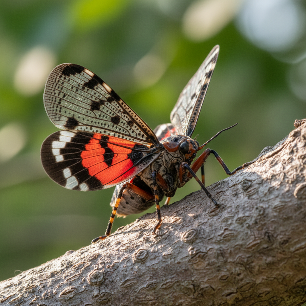 Spotted lanternfly with wings spread on a tree branch
