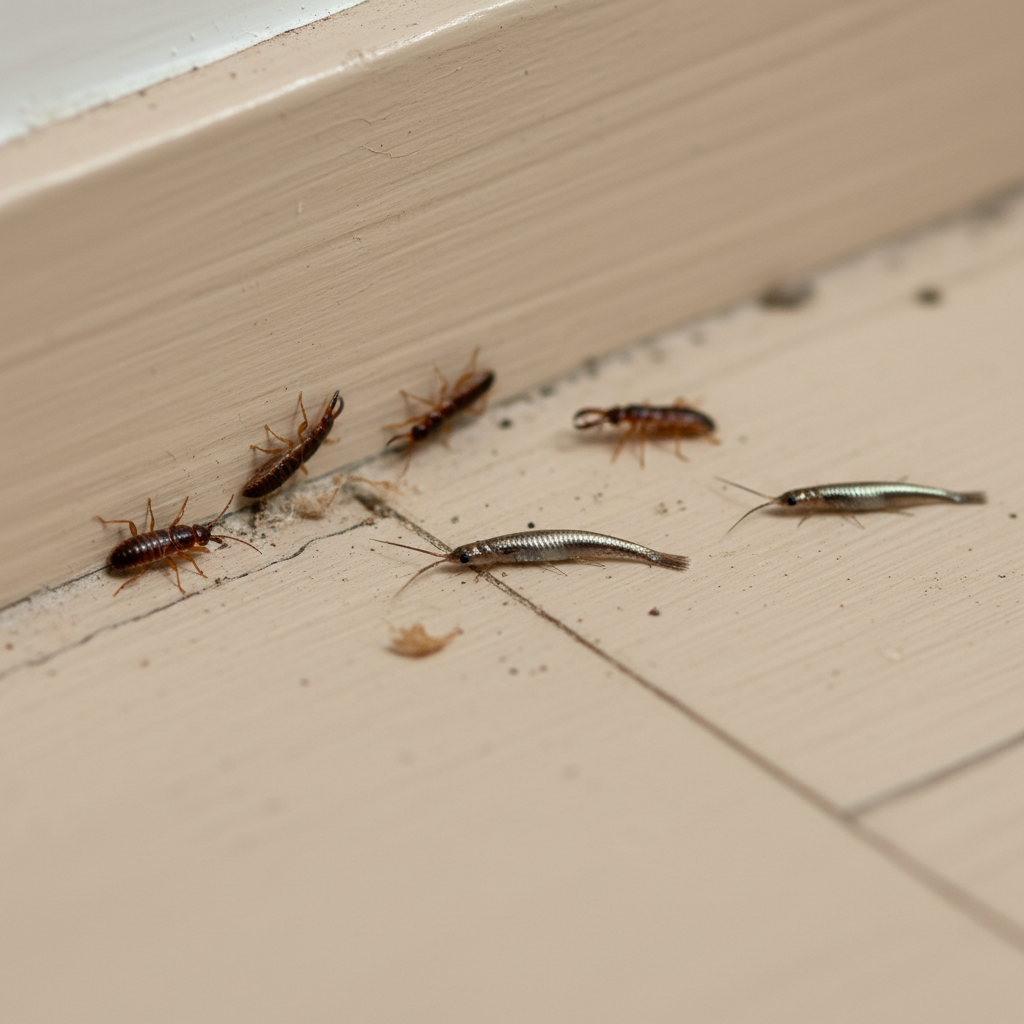 Common household pests on a baseboard